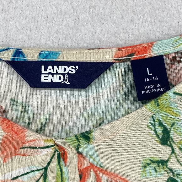 LANDS END Top Womens L 14-16 Floral Beach Blouse 3/4 Sleeve Linen Blend Cream - Picture 4 of 11